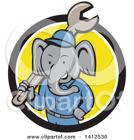 Clipart of a Retro Cartoon Elephant Man Mechanic Holding a Giant Spanner Wrench, Emerging from a Black White and Yellow Circle - Royalty Free Vector Illustration by patrimonio