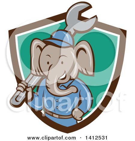 Clipart of a Retro Cartoon Elephant Man Mechanic Holding a Giant Spanner Wrench, Emerging from a Brown White and Turquoise Shield - Royalty Free Vector Illustration by patrimonio