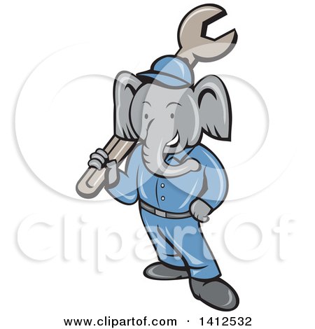 Clipart of a Retro Cartoon Elephant Man Mechanic Holding a Giant Spanner Wrench - Royalty Free Vector Illustration by patrimonio