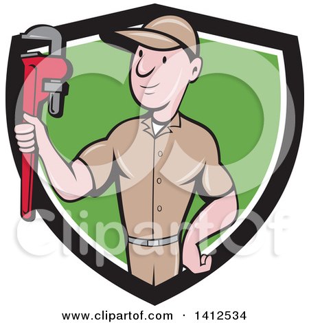 Clipart of a Retro Cartoon White Male Plumber or Handy Man Holding a Monkey Wrench in a Black White and Green Shield - Royalty Free Vector Illustration by patrimonio