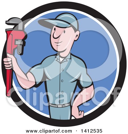 Clipart of a Retro Cartoon White Male Plumber or Handy Man Holding a Monkey Wrench in a Black White and Blue Circle - Royalty Free Vector Illustration by patrimonio