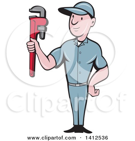 Clipart of a Retro Cartoon White Male Plumber or Handy Man Holding a Monkey Wrench - Royalty Free Vector Illustration by patrimonio