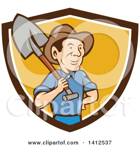 Clipart of a Retro Cartoon Male Farmer Standing with One Hand on His Hip and a Shovel over His Shoulder, Emerging from a Brown White and Orange Shield - Royalty Free Vector Illustration by patrimonio
