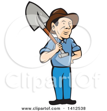 Clipart of a Retro Cartoon Male Farmer Standing with One Hand on His Hip and a Shovel over His Shoulder - Royalty Free Vector Illustration by patrimonio