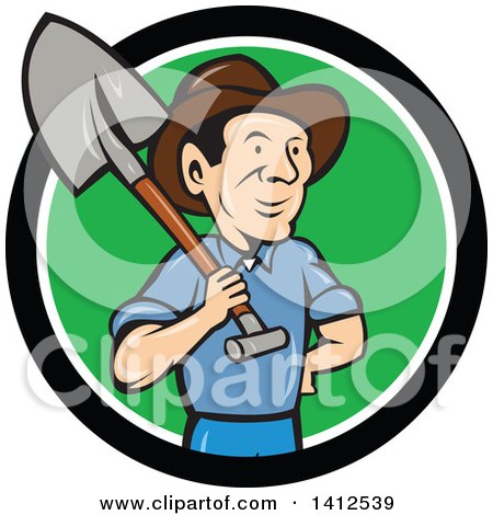 Clipart of a Retro Cartoon Male Farmer Standing with One Hand on His Hip and a Shovel over His Shoulder, Emerging from a Black White and Green Circle - Royalty Free Vector Illustration by patrimonio