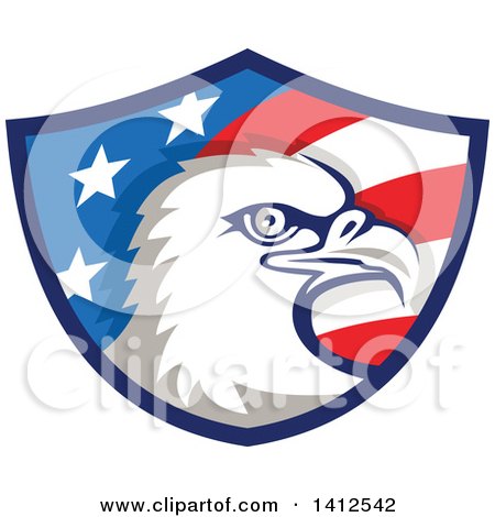 Clipart of a Retro Bald Eagle Head in an American Themed Shield - Royalty Free Vector Illustration by patrimonio