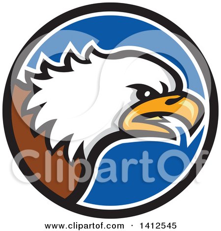 Clipart of a Cartoon Angry Bald Eagle Head in a Blue Black and White Circle - Royalty Free Vector Illustration by patrimonio