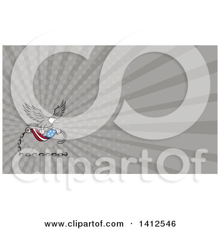 Clipart of a Retro Bald Eagle Flying with an American Flag and Towing J Hook and Gray Rays Background or Business Card Design - Royalty Free Illustration by patrimonio