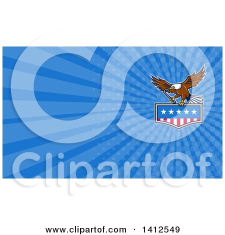Clipart of a Bald Eagle Flying with an American Flag and Towing J Hook and Blue Rays Background or Business Card Design - Royalty Free Illustration by patrimonio