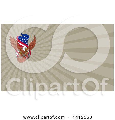 Clipart of a Sketched Bald Eagle Flying with an American Flag and Towing J Hook and Rays Background or Business Card Design - Royalty Free Illustration by patrimonio