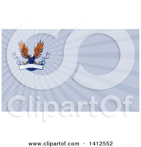 Clipart of a Retro Swooping Orange and Blue Bald Eagle Grasping a Blank Ribbon Banner and Rays Background or Business Card Design - Royalty Free Illustration by patrimonio