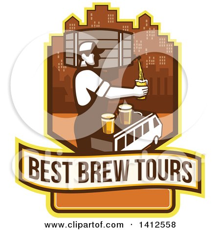 Clipart of a Retro Male Bartender Putting a Beer on Top of a Brew Tour Van in a Cityscape Crest - Royalty Free Vector Illustration by patrimonio