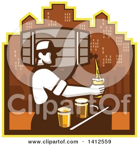 Clipart of a Retro Male Bartender Pouring Different Types of Beer from a Keg Against a City Skyline - Royalty Free Vector Illustration by patrimonio