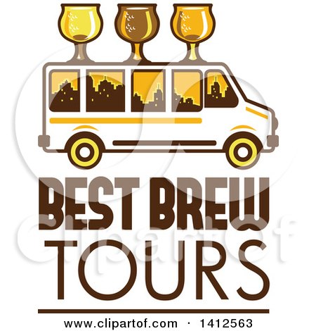 Clipart of a Retro Brew Tour Bus with Glasses on the Roof and a City Skyline in the Windows over Text - Royalty Free Vector Illustration by patrimonio