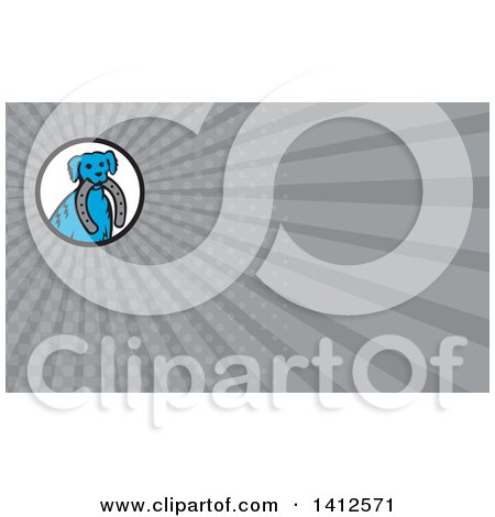 Clipart of a Retro Blue Dog Sitting with a Horseshoe in His Mouth and Gray Rays Background or Business Card Design - Royalty Free Illustration by patrimonio