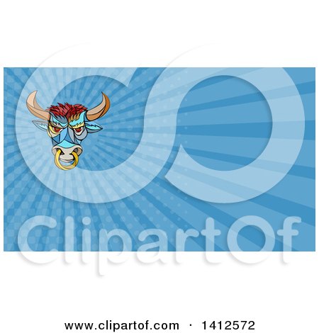 Clipart of a Colorful Mosaic Angry Bull with a Ring and Blue Rays Background or Business Card Design - Royalty Free Illustration by patrimonio
