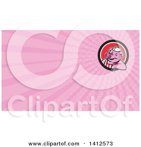 Clipart of a Retro Cartoon Butcher Pig Leaning out of a Black White and Red Circle and Pink Rays Background or Business Card Design - Royalty Free Illustration by patrimonio