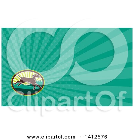 Clipart of a Retro Brown Pointer Dog Running in a Sunrise Oval and Turquoise Rays Background or Business Card Design - Royalty Free Illustration by patrimonio