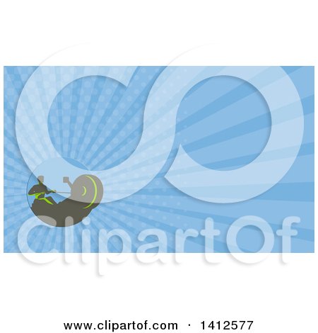 Clipart of a Retro Green Man Working out on a Rowing Machine and Blue Rays Background or Business Card Design - Royalty Free Illustration by patrimonio