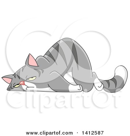 Clipart of a Cartoon Exhausted Gray Tabby Cat - Royalty Free Vector Illustration by yayayoyo