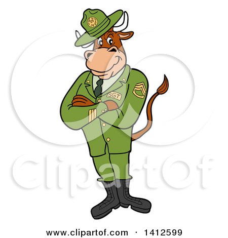 Clipart of a Cartoon Sergeant Bull Standing with Folded Arms - Royalty Free Vector Illustration by LaffToon