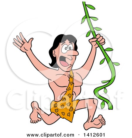 Clipart of a Cartoon Scared Jungle Man Swinging on a Vine - Royalty Free Vector Illustration by LaffToon