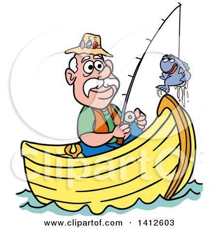 Cartoon Caucasian Man Fishing in a Boat and Talking with a Fish Posters,  Art Prints by - Interior Wall Decor #1412603