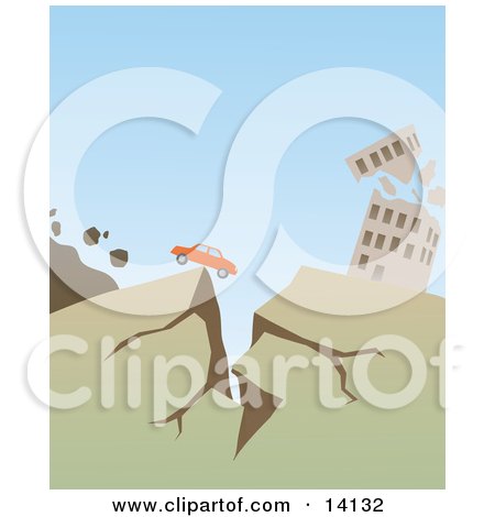 Car Stopped at the Edge of a Crack Near a Collapsing Building During a Big Earthquake Natural Hazard Clipart Illustration by Rasmussen Images