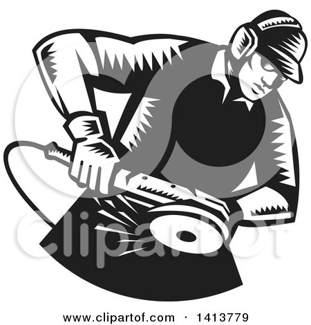 Clipart of a Retro Black and White Woodcut Male Worker Using an Angle Grinder - Royalty Free Vector Illustration by patrimonio