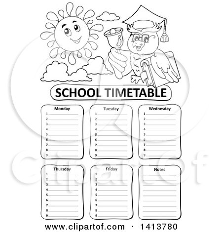 Clipart of a Black and White School Time Table with a Professor Owl and Sun - Royalty Free Vector Illustration by visekart