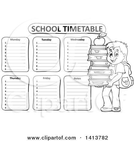 Clipart of a Black and White School Time Table with a School Boy - Royalty Free Vector Illustration by visekart