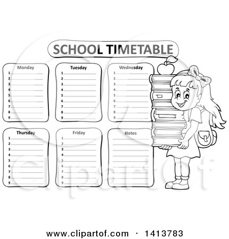Clipart of a Black and White School Time Table with a School Girl - Royalty Free Vector Illustration by visekart