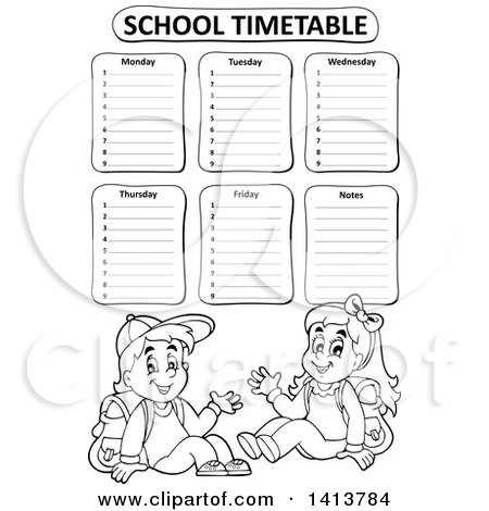 Clipart of a Black and White School Time Table with Students - Royalty Free Vector Illustration by visekart