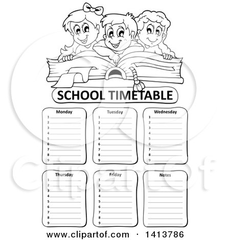 Clipart of a Black and White School Time Table with Students over a Book - Royalty Free Vector Illustration by visekart
