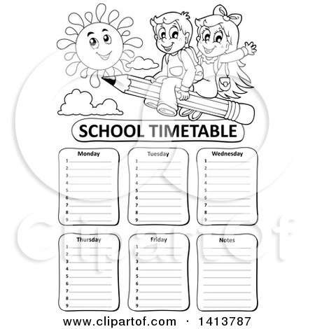 Clipart of a Black and White School Time Table with Students Riding a Pencil - Royalty Free Vector Illustration by visekart