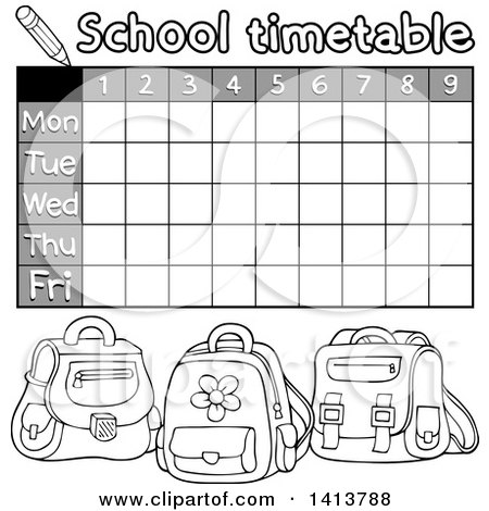 Clipart of a Grayscale School Time Table with Backpacks - Royalty Free Vector Illustration by visekart