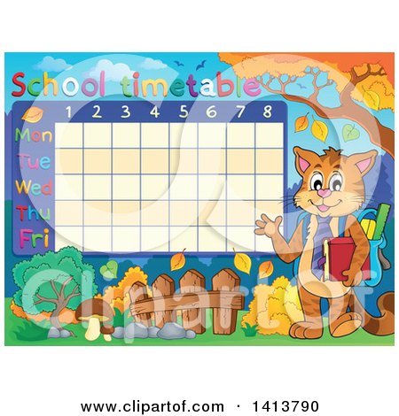Clipart of a Cat Student Waving by a School Timetable in Autumn - Royalty Free Vector Illustration by visekart
