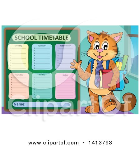 Clipart of a Cat Student Waving by a School Time Table - Royalty Free Vector Illustration by visekart