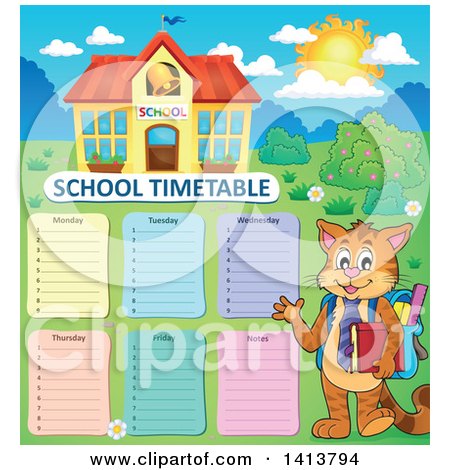 Clipart of a Cat Student Waving by a School Time Table and Building - Royalty Free Vector Illustration by visekart