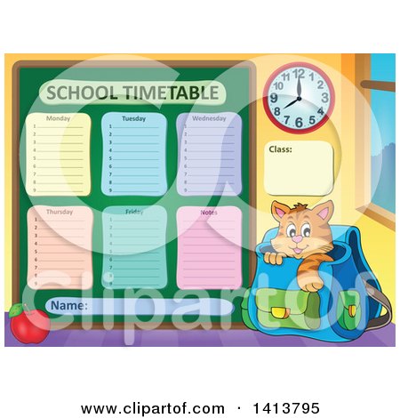 Clipart of a School Time Table and Cat in a Backpack - Royalty Free Vector Illustration by visekart