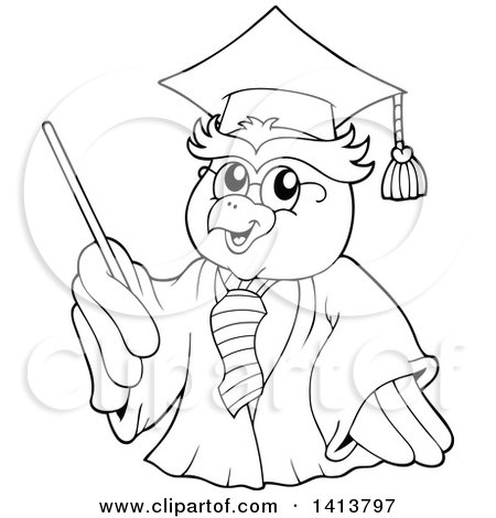 Clipart of a Black and White Lineart Professor Owl - Royalty Free Vector Illustration by visekart