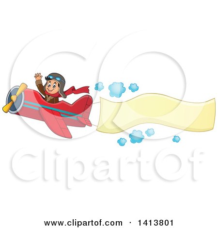 Clipart of a Happy Caucasian Male Aviator Waving and Flying a Plane with a Banner - Royalty Free Vector Illustration by visekart