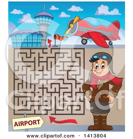 Clipart of a Maze of an Airplane, Airport and Happy Caucasian Male Aviator Standing with His Hands on His Hips - Royalty Free Vector Illustration by visekart