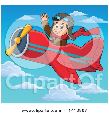 Clipart of a Happy Caucasian Male Aviator Waving and Flying a Plane - Royalty Free Vector Illustration by visekart