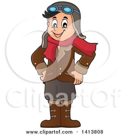 Clipart of a Happy Caucasian Male Aviator Standing with His Hands on His Hips - Royalty Free Vector Illustration by visekart
