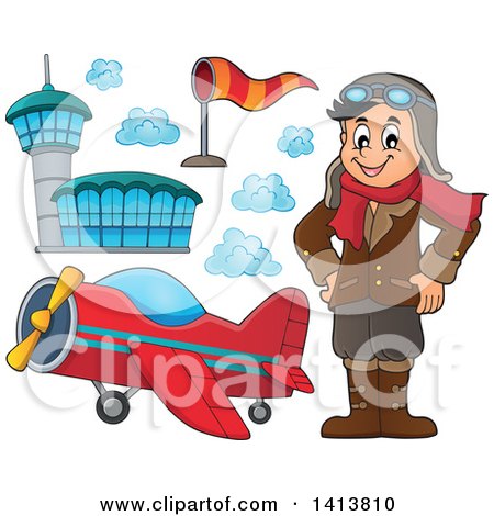 Clipart of a Happy Caucasian Male Aviator Standing with His Hands on His Hips, with an Airport and Plane - Royalty Free Vector Illustration by visekart