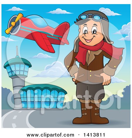Clipart of a Happy Caucasian Male Aviator Standing with His Hands on His Hips at an Airport - Royalty Free Vector Illustration by visekart