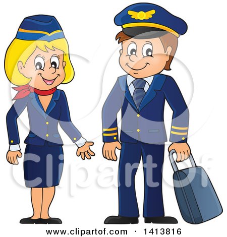 Clipart of a Happy Caucasian Male Pilot and Flight Attendant - Royalty Free Vector Illustration by visekart