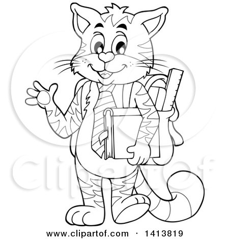 Clipart of a Black and White Lineart Cat Student Waving - Royalty Free Vector Illustration by visekart