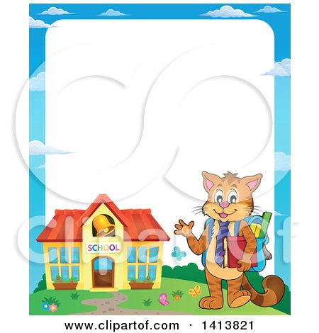 Clipart of a Border with a Cat Student Waving and Building - Royalty Free Vector Illustration by visekart